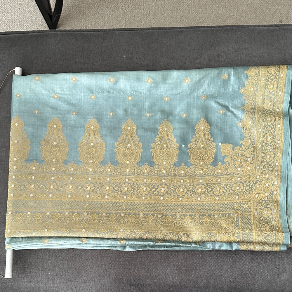 Elegant Bluish Grey and Gold Embroidered Sari